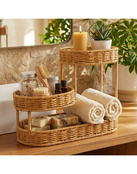 ®  3 Katlı Oval Rattan Organizer Sepet – Plastik Hasır Görünümlü Çok Amaçlı Düzenleyici