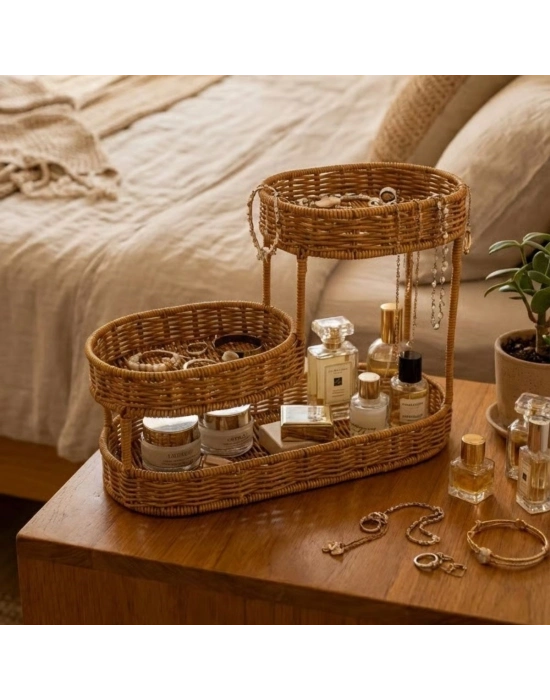 ®  3 Katlı Oval Rattan Organizer Sepet – Plastik Hasır Görünümlü Çok Amaçlı Düzenleyici