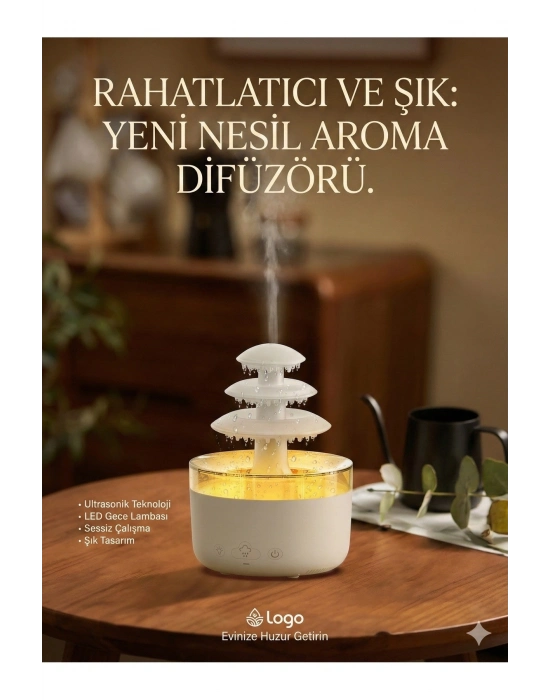 ® 3 Katlı Şelale YAĞMUR Tasarımlı Ultrasonik Aroma Difüzör – 6 Renk LED Işıklı Hava Nemlendirici