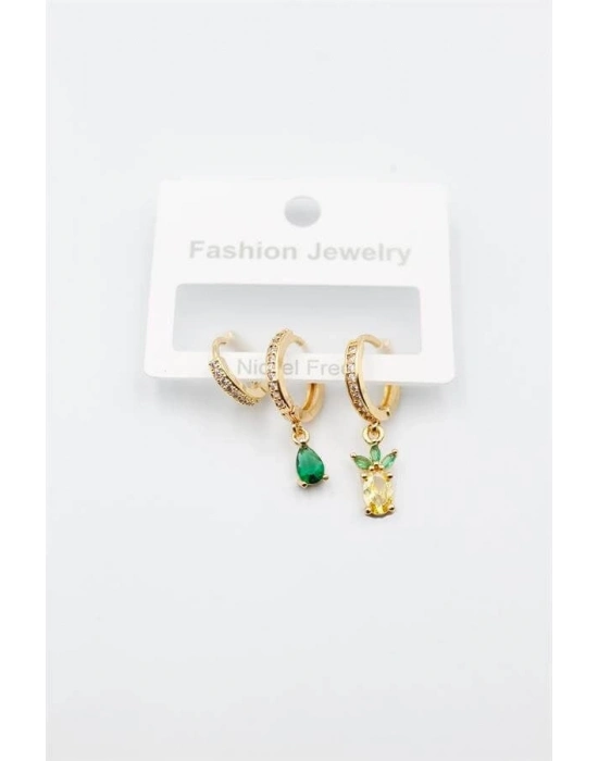 3lü Ananas Küpe - Altın