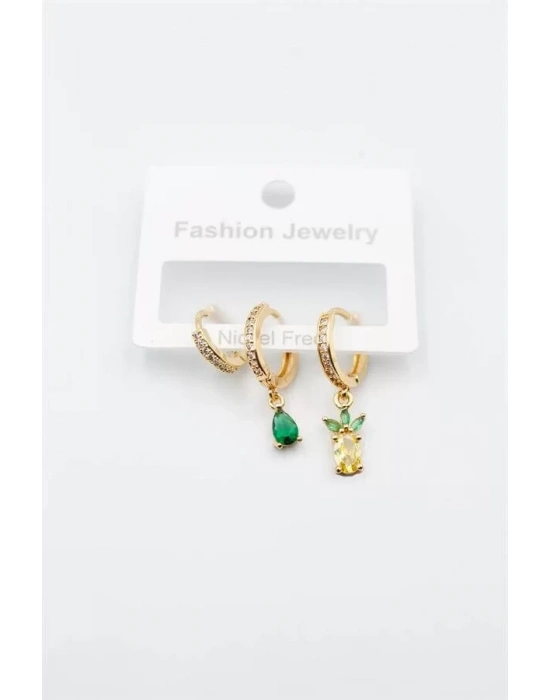 3lü Ananas Küpe - Altın