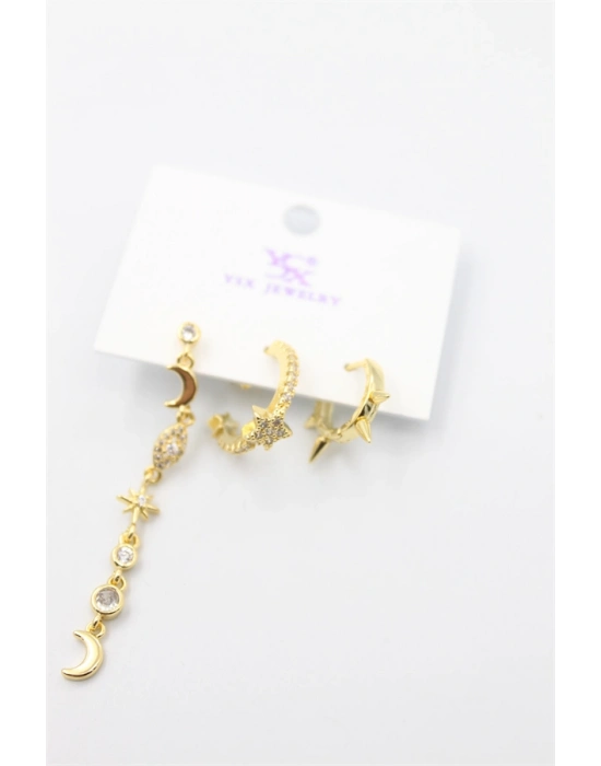 3lü Ay Yıldız Küpe - Altın