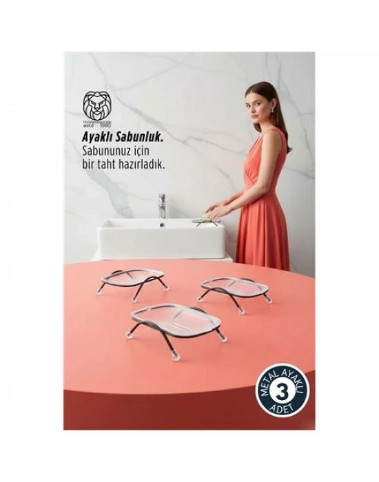® 3 lü Ayaklı Sabunluk – Su Giderli, Şeffaf Tasarım, 12 x 9 cm, Tezgah Üstü Kullanım