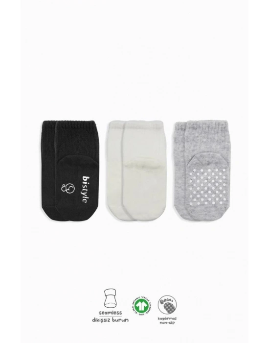 ®   3Lü Basic Kaymaz Penye Soket Çorap 10107 Siyah Ekru Gri