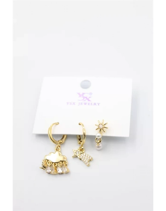 3lü Bulut Küpe - Altın