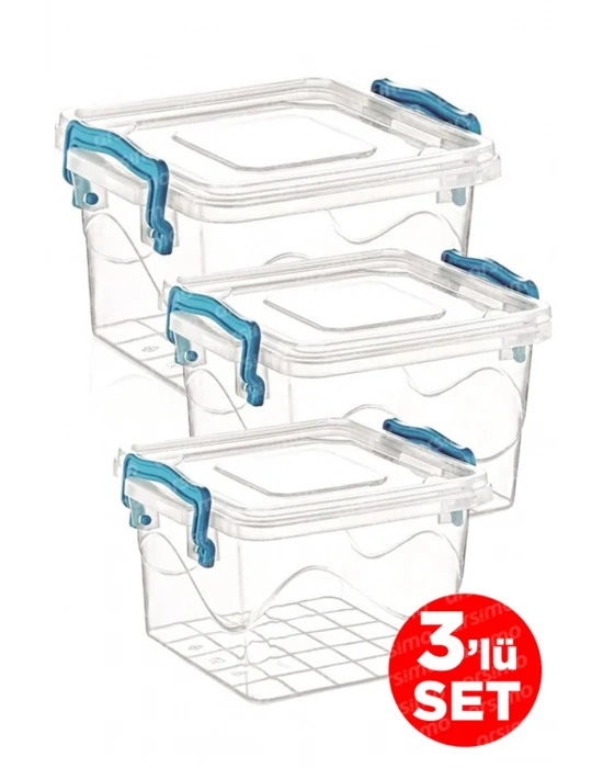 3lü Kare Kelepçeli Şeffaf Saklama Kabı Seti | Kapaklı Saklama Kabı Set 2.4 Lt - 1.2 Lt - 550 Ml Royaleks-82111