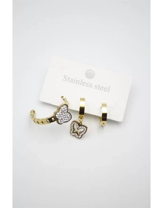 3lü Kelebek Küpe - Altın