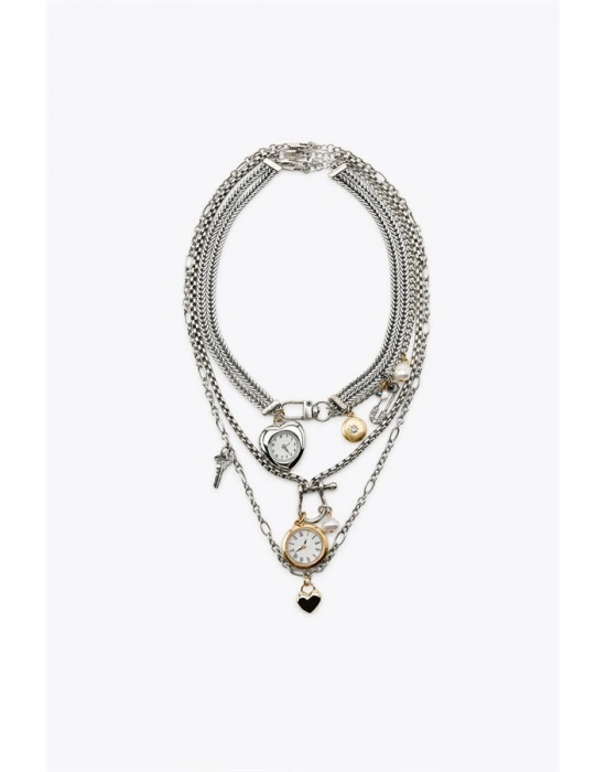 3lü Saat ve Charm Kolye - Gümüş