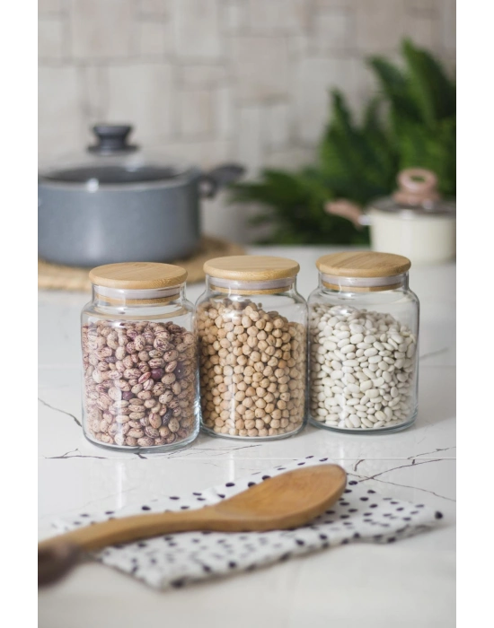 3 Lü Set Bambu Kapaklı Cam Kavanoz & Erzak Saklama Kabı 800 ml Orta  Boy ( Vakum Kapak )