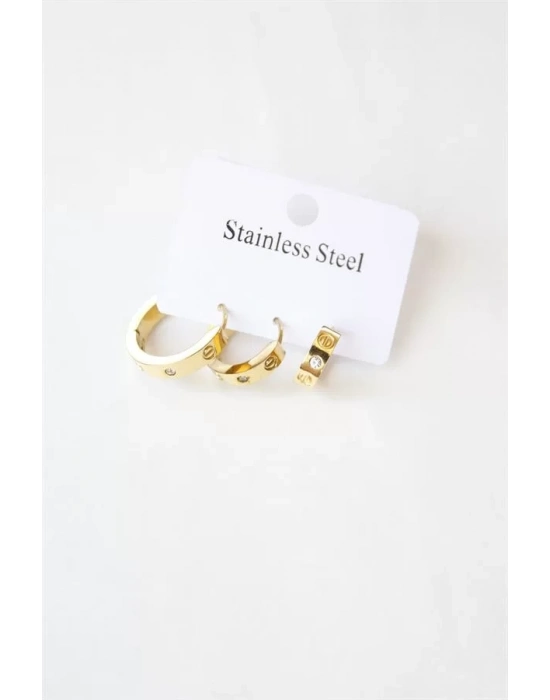 3lü Taşlı Çelik Halka Küpe - Altın