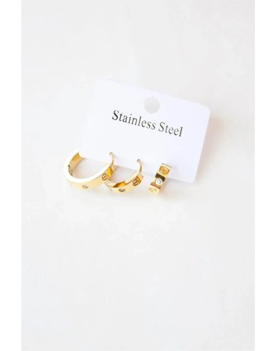 3lü Taşlı Çelik Halka Küpe - Altın