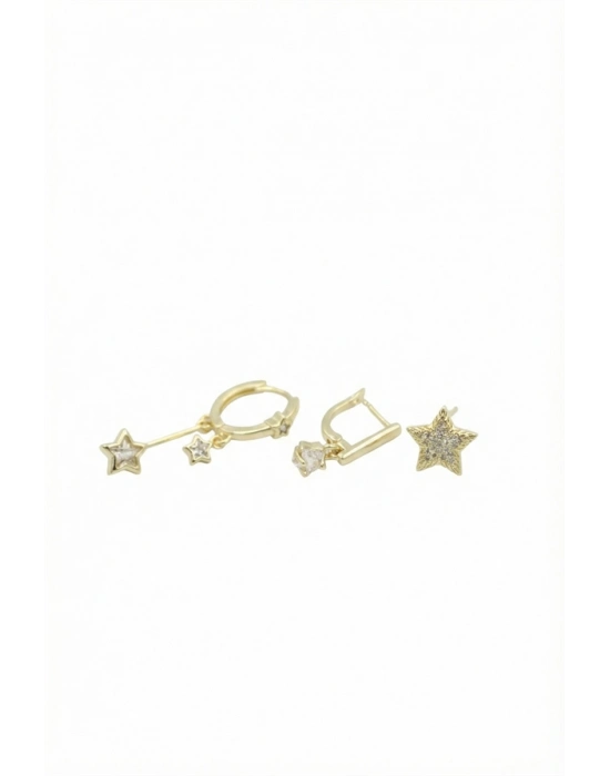 3lü Taşlı Halka Küpe - Altın