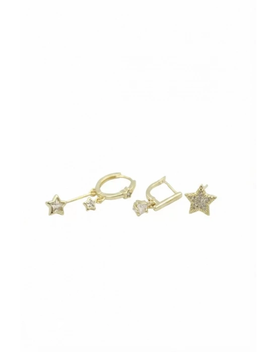 3lü Taşlı Halka Küpe - Altın