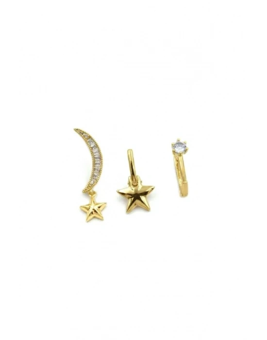 3lü Taşlı Halka Küpe - Altın