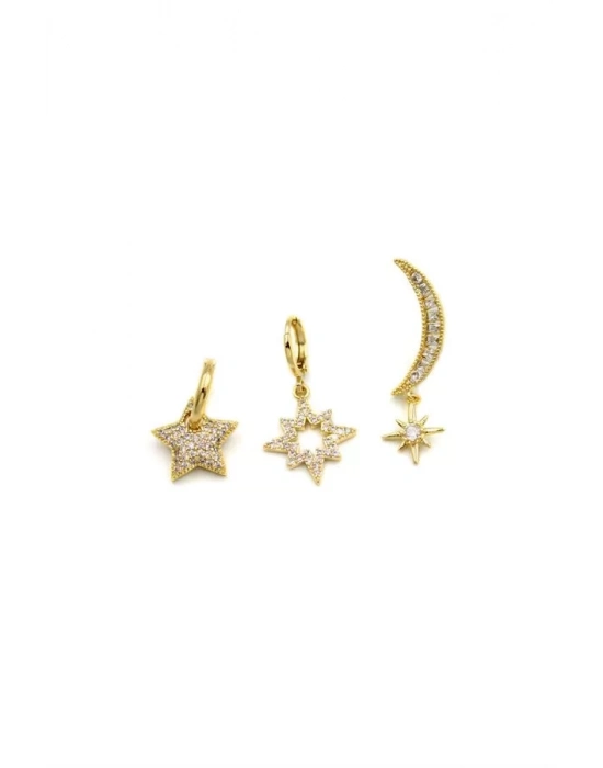 3lü Taşlı Halka Küpe - Altın