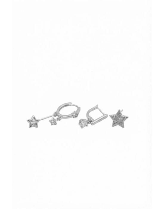 3lü Taşlı Halka Küpe - Gümüş
