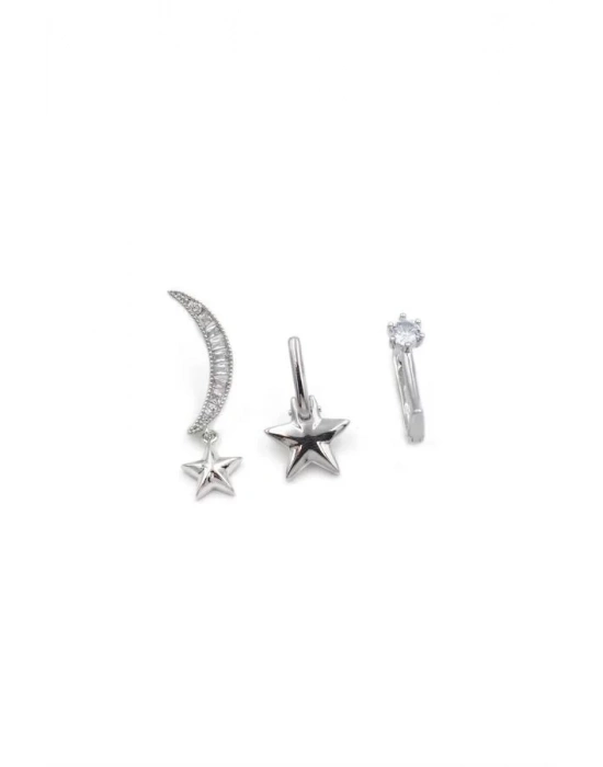 3lü Taşlı Halka Küpe - Gümüş