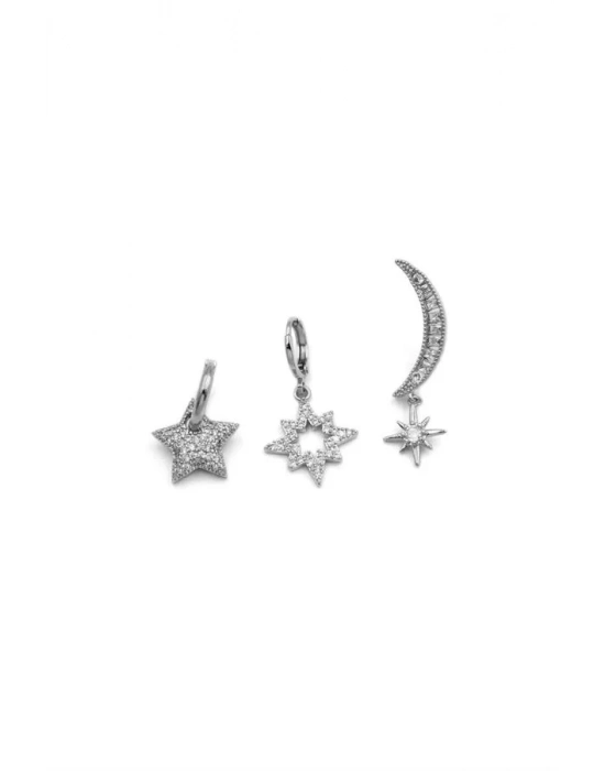 3lü Taşlı Halka Küpe - Gümüş