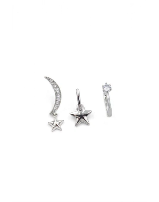 3lü Taşlı Halka Küpe - Gümüş