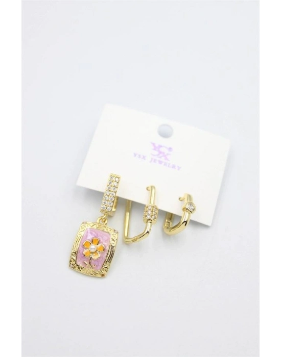 3lü Taşlı Küpe - Pembe