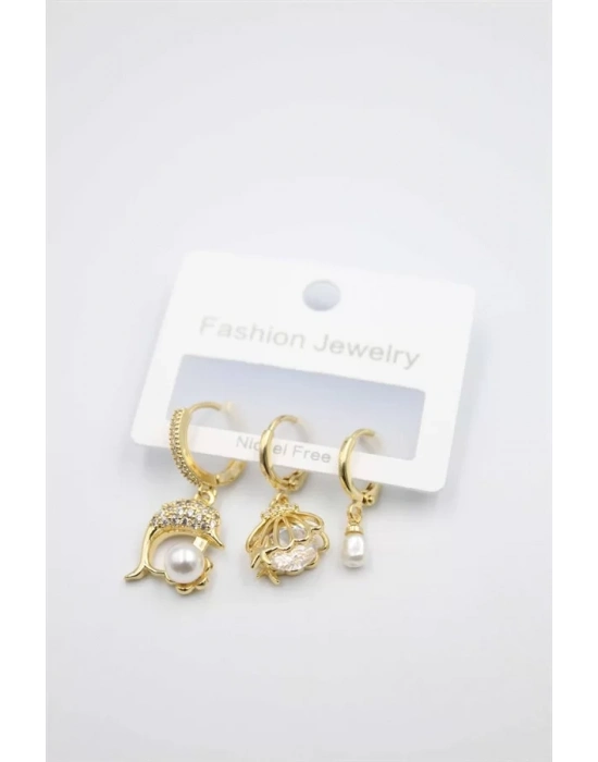 3lü Yunus Balığı Küpe - Altın