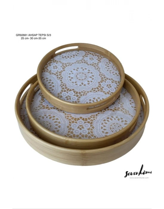3lü Yuvarlak Ahşap Tepsi Royaleks-SVR-GR92661