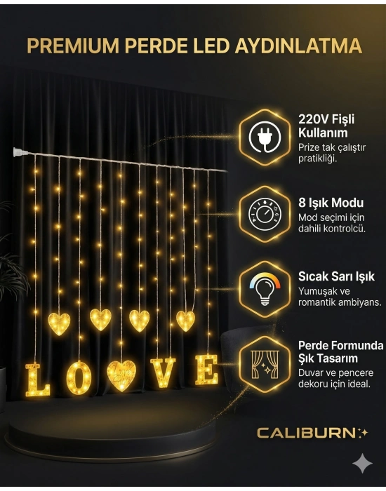 3 Metre Perde Led Işık - 8 Modlu Kalp Ve Love Figürlü Dekoratif Animasyonlu Led