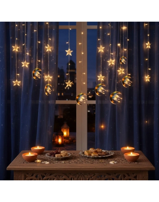 3 mt Fişli Hilal Cami Yıldız Ramazan Perde LED