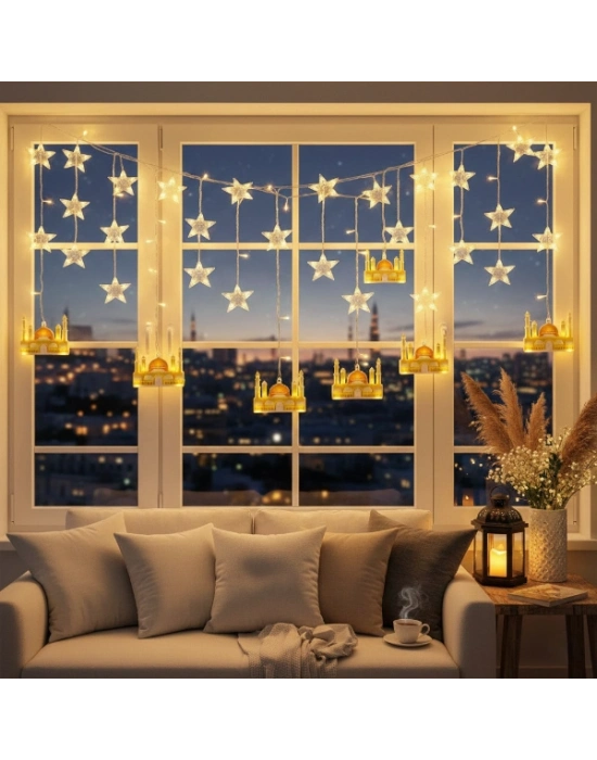 3 mt Fişli Sarı Cami Yıldız Ramazan Perde LED
