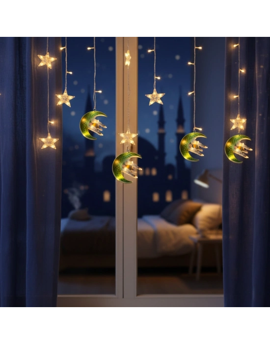 3 mt Fişli Yeşil Hilal Cami Yıldız Ramazan Perde LED