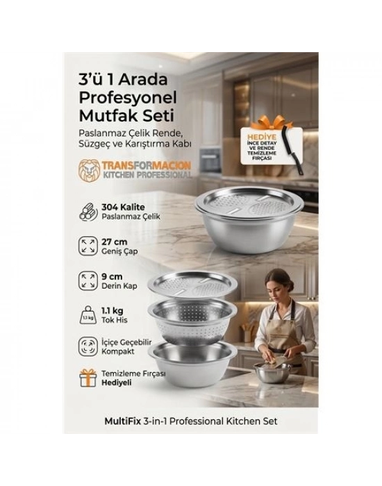 3ü 1 Arada Profesyonel Mutfak Seti - Paslanmaz Çelik Rende, Süzgeç ve Karıştırma Kabı (27 cm) 723296