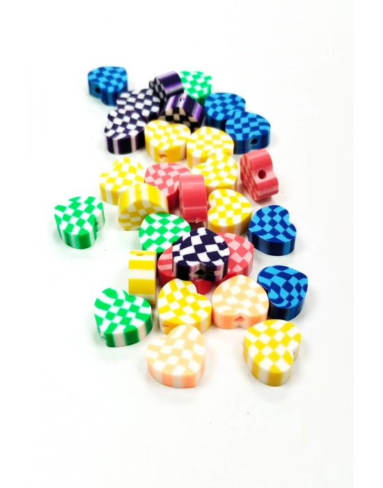 30 Adet 10 mm Polimer Kil Fimo Boncuk Takı Bileklik + 1 Metre Lastikli Misina Hediye - Desenli Kalp