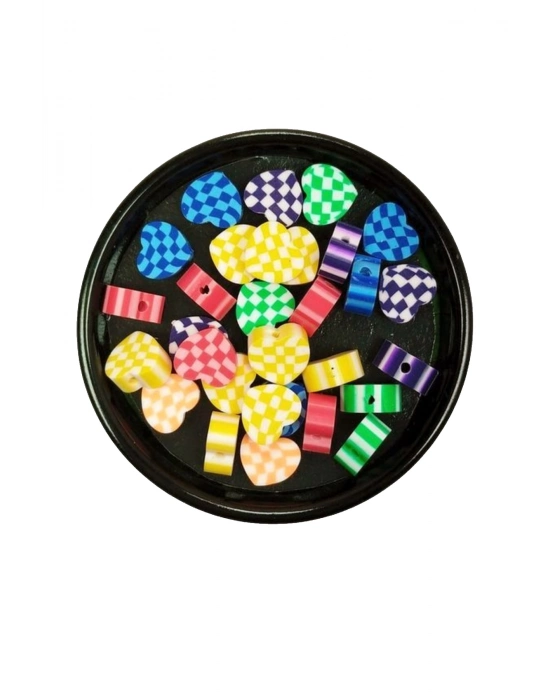 30 Adet 10 mm Polimer Kil Fimo Boncuk Takı Bileklik + 1 Metre Lastikli Misina Hediye - Desenli Kalp