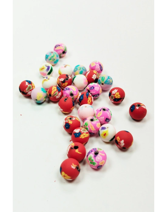 30 Adet 10 mm Polimer Kil Fimo Boncuk Takı Bileklik + 1 Metre Lastikli Misina Hediye - Desenli Yuvarlak