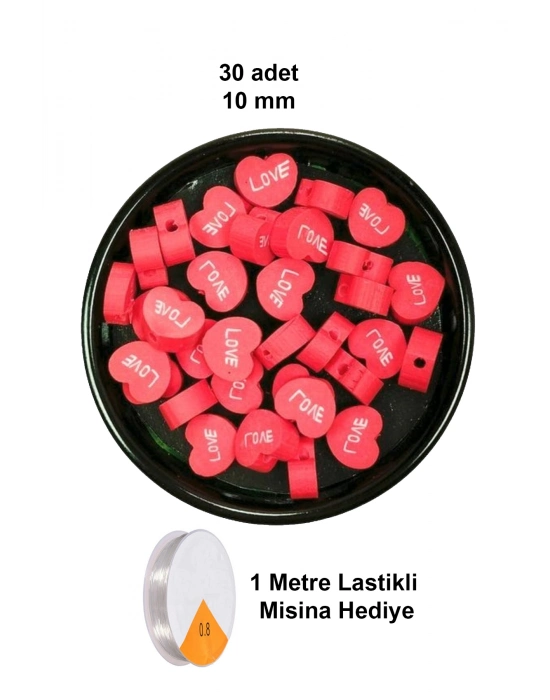 30 Adet 10 mm Polimer Kil Fimo Boncuk Takı Bileklik + 1 Metre Lastikli Misina Hediye - Kalp Love