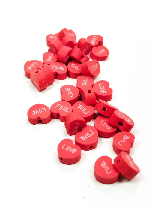 30 Adet 10 mm Polimer Kil Fimo Boncuk Takı Bileklik + 1 Metre Lastikli Misina Hediye - Kalp Love