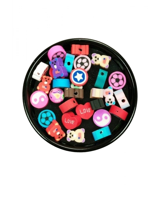 30 Adet 10 mm Polimer Kil Fimo Boncuk Takı Bileklik + 1 Metre Lastikli Misina Hediye - Karışık Renkli