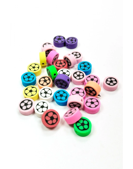 30 Adet 10 mm Polimer Kil Fimo Boncuk Takı Bileklik + 1 Metre Lastikli Misina Hediye - Renkli Çiçek