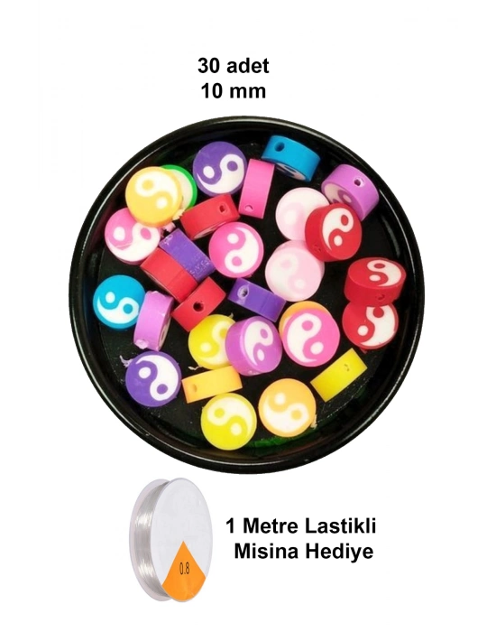 30 Adet 10 mm Polimer Kil Fimo Boncuk Takı Bileklik + 1 Metre Lastikli Misina Hediye - Renkli Yin Yang