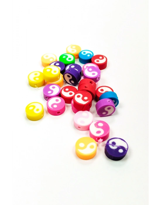 30 Adet 10 mm Polimer Kil Fimo Boncuk Takı Bileklik + 1 Metre Lastikli Misina Hediye - Renkli Yin Yang