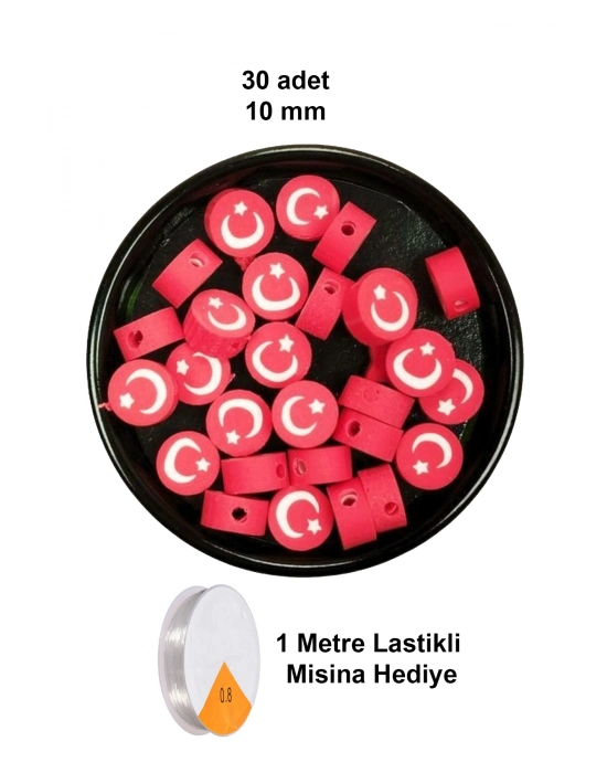 30 Adet 10 mm Polimer Kil Fimo Boncuk Takı Bileklik + 1 Metre Lastikli Misina Hediye - Türk Bayrağı