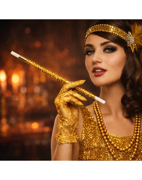 30 Cm Altın Gold Payetli Sigara Tutacağı – 1920’ler Gatsby Parti Aksesuarı