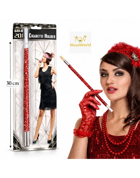 ® 30 cm Kırmızı Payetli Sigara Tutacağı – 1920’ler Gatsby Parti Aksesuarı