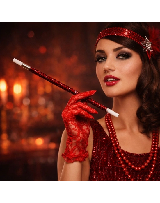 30 Cm Kırmızı Payetli Sigara Tutacağı – 1920’ler Gatsby Parti Aksesuarı