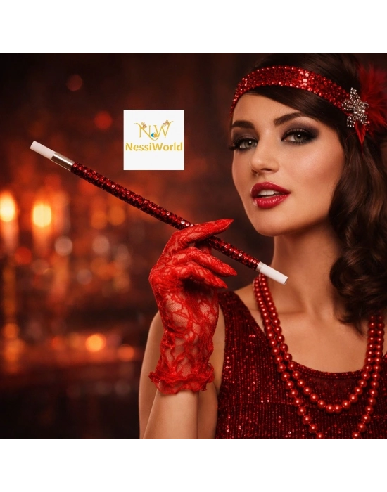 ® 30 cm Kırmızı Payetli Sigara Tutacağı – 1920’ler Gatsby Parti Aksesuarı