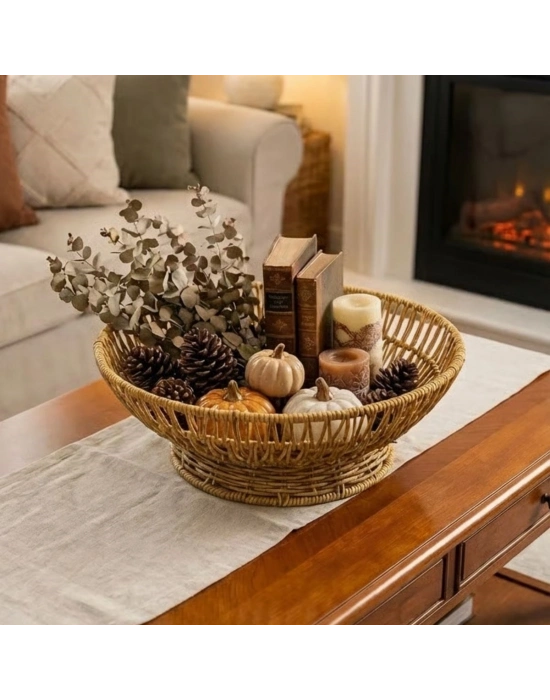 ®  31 cm Plastik Rattan Servis Çanağı – Doğal Hasır Görünümlü Dekoratif Meyve, Ekmek ve Sunum Kasesi