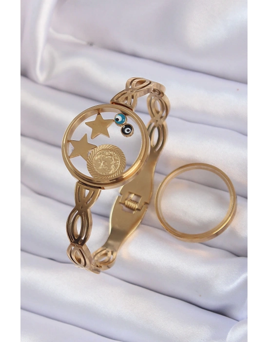 ® 316L Çelik Altın Renk İçi Nazar Boncuk ve Yıldız Figürlü Açılabilir Fanus Kelepçe