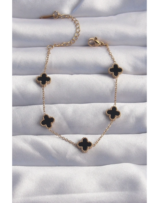 316L Çelik Baby Boy Gold Renk Siyah Mineli Yonca Bileklik