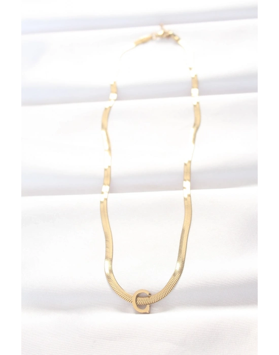® 316L Çelik C Harfli Gold Renk İtalyan Zincirli Kolye