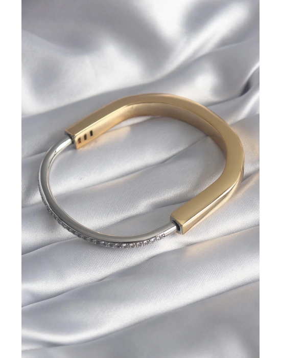 ® 316L Çelik Gold Gümüş Renk Zirkon Taşlı VIP Seri Kadın Kelepçe